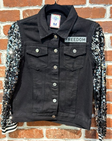 BBJ FREEDOM Silver Sequin patch with Black Vest and Black Sequin Sleeves