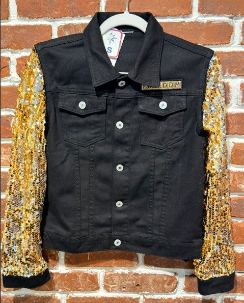 BBJ FREEDOM Gold Sequin patch with Black Vest and Gold Sequin Sleeves.