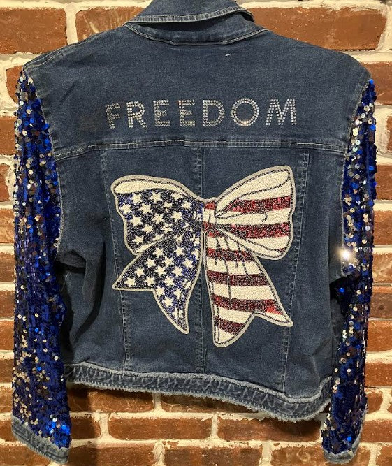 DBJ with Freedom Ribbon, Denim Vest, and Blue Sequin Sleeves
