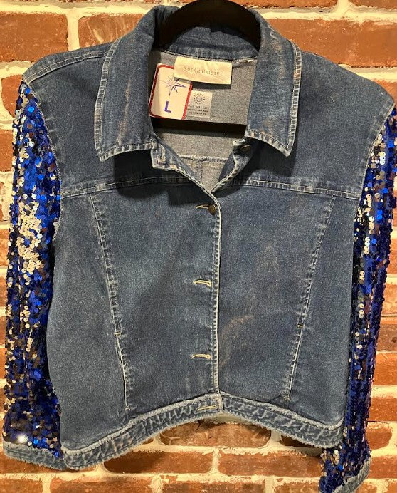 DBJ with Freedom Ribbon, Denim Vest, and Blue Sequin Sleeves