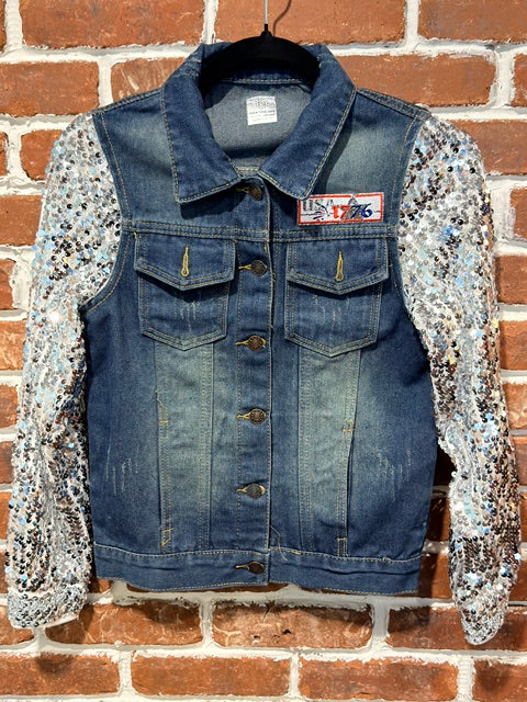 BBJ 1776 Patch with Jean Jacket Vest and Silver Sequin Sleeves