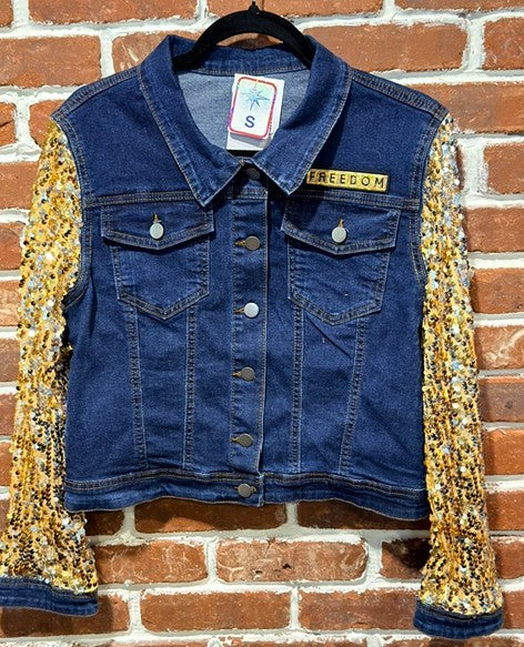 BBJ Gold Sequin FREEDOM Patch with Denim and Gold Sequin Sleeves