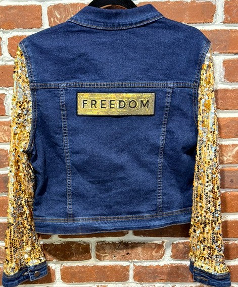 BBJ Gold Sequin FREEDOM Patch with Denim and Gold Sequin Sleeves