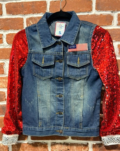 BBJ 1776 Flag on Denim Vest with Red Sequin Sleeves
