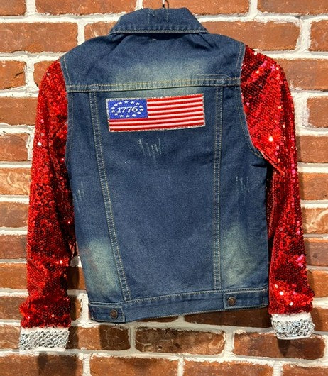 BBJ 1776 Flag on Denim Vest with Red Sequin Sleeves