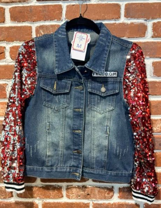 BBJ FREEDOM Silver Sequin patch with Denim Vest and Burgundy Sequin Sleeves