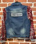BBJ FREEDOM Silver Sequin patch with Denim Vest and Burgundy Sequin Sleeves