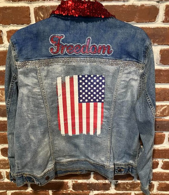 DBJ Red FREEDOM with Silver Fabric Painted Back and Flag