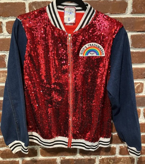 SVJ GOD'S TRADEMARK with Red Sequin Vest and Dark Blue Jean Sleeves