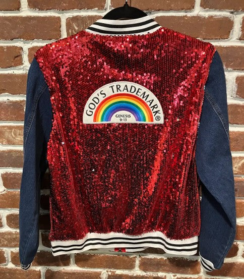 SVJ GOD'S TRADEMARK with Red Sequin Vest and Dark Blue Jean Sleeves