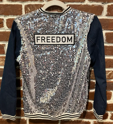 SVJ FREEDOM Patch with Silver Sequin Vest and Blue Jean Sleeves