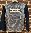 SVJ FREEDOM Patch with Silver Sequin Vest and Blue Jean Sleeves