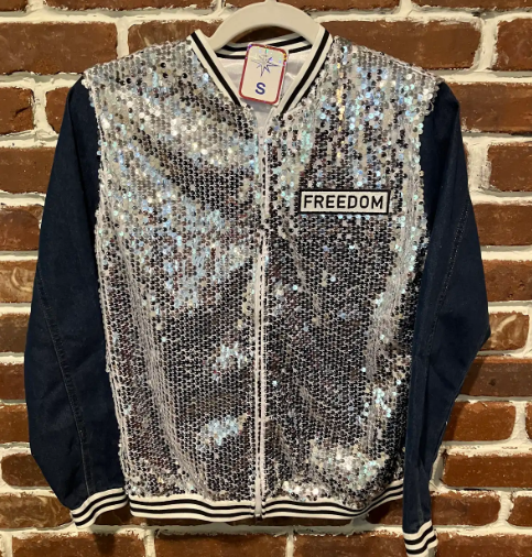 SVJ FREEDOM Patch with Silver Sequin Vest and Blue Jean Sleeves