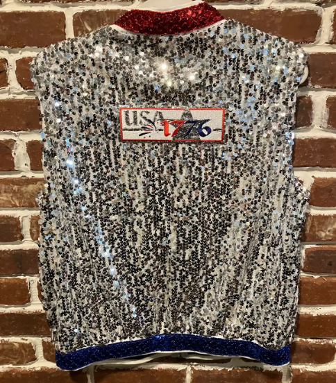 SV Silver Sequin Vest with 1776 Patch and Red / Blue Sequin Lining