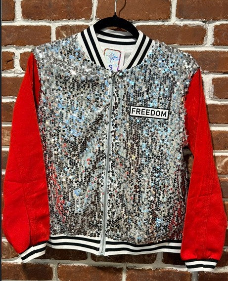 SVJ FREEDOM Patch with Silver Sequin Vest Jacket with Red Sleeves