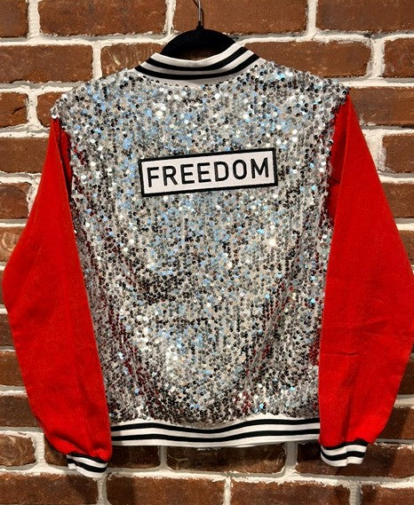 SVJ FREEDOM Patch with Silver Sequin Vest Jacket with Red Sleeves